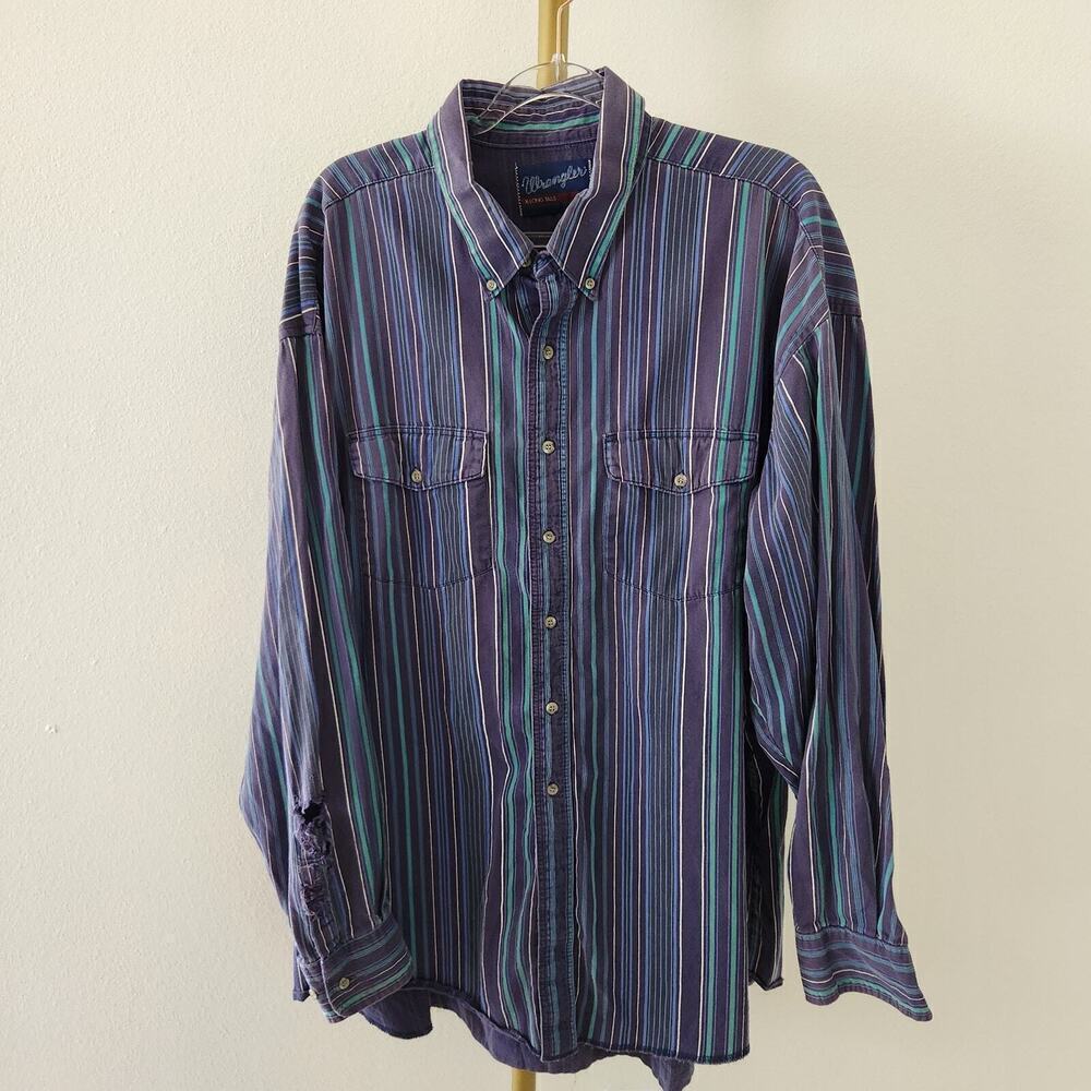 Wrangler Long Sleeve Button Front Shirt Mens 2XL Heavyweight Blue Green Striped